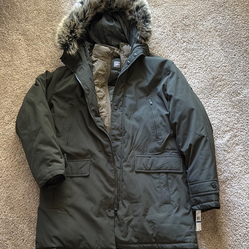 Michael Kors Dark Green Parka with Faux Fur Trim